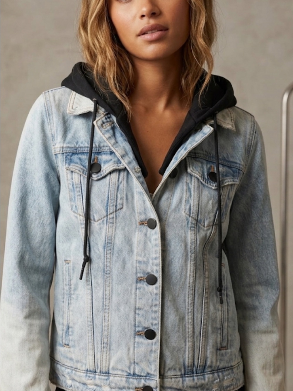 Blank NYC Light Blue Denim Jacket with Detachable black sweatshirt Hood NWT
